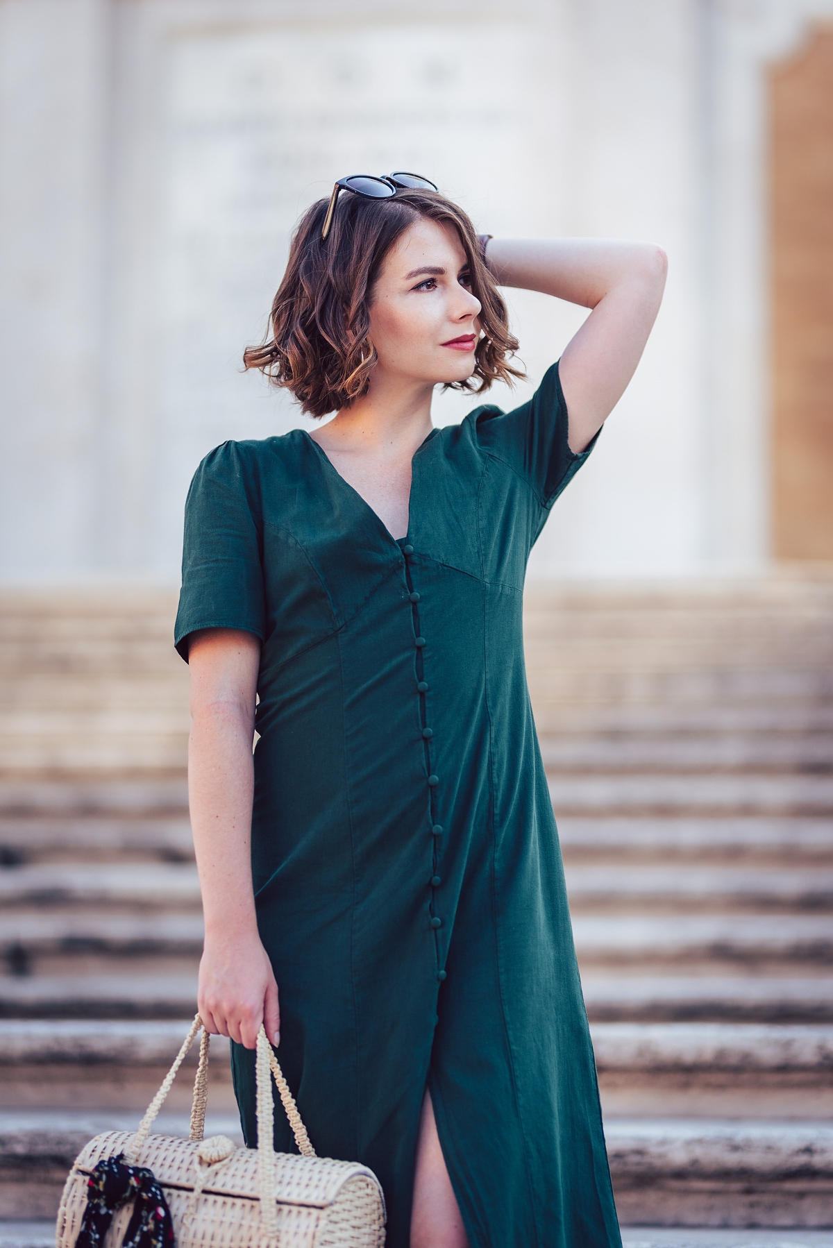 zielona sukienka maxi sesja modowa rzym schody hiszpańskie